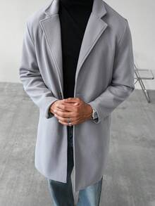 Manfinity Homme Áo khoác len dài đơn hàng ngày, cổ ve trơn màu, cài nút, dành cho nam, thu đông - Xám - Xem 1