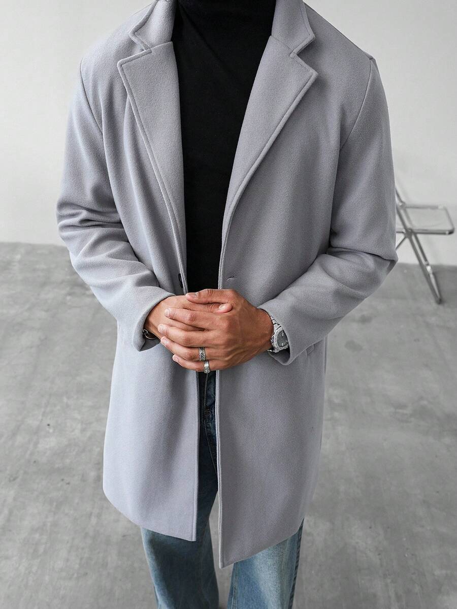 Manfinity Homme Áo khoác len dài đơn hàng ngày, cổ ve trơn màu, cài nút, dành cho nam, thu đông - Xám - Xem 1