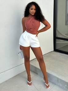 Alexandranx 女士纯色短款交叉吊带上衣 - 鏽棕色 - 查看 4