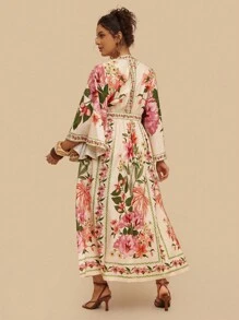 Travachic Váy dài tay loe họa tiết hoa Bohemian cỡ lớn, thắt eo, trang phục thường ngày ngày lễ, thích hợp cho các buổi đi chơi mùa thu, tiệc tùng, tụ tập - Nhiều màu - Xem 2