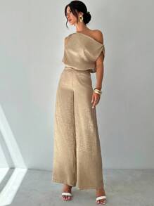 Firerie 女士不对称露肩宽松镀金无袖上衣和松紧腰阔腿裤套装，适合约会、派对、通勤、音乐节、毕业典礼、教师装、正式场合 - 金色 - 查看 7