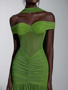 Elitara 优雅奢华橄榄绿色弹力网眼船领全荷叶边亮片伴娘礼服 - 綠色 - 查看 4