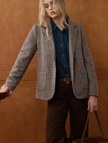 Écloséra French Retro Casual Commuting Versatile Fit Version Retro Plaid Fabric Autumn And Winter Khaki Women's Suit Coats Women's Casual Jacket Women's Casual Business Suit Coats Autumn Women's Casual Clothing Autumn Business Casual Women's Clothing Winter Coats Fall Clothes For Women