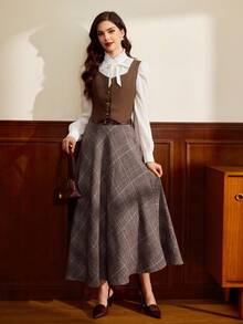 Vintamour Áo kiểu nữ cổ điển thanh lịch cài nút, thích hợp mặc thường ngày/công sở/nghỉ lễ, dành cho nữ, phong cách công sở, trang phục công sở, trang phục phương Tây. - màu nâu - Xem 6