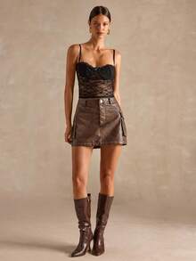 SHEIN BAE Váy mini thời trang túi hộp da PU cho nữ mùa thu, váy da giả đã giặt, da PU, váy da PU họa tiết loang lổ cho nữ - Màu Khaki - Xem 1