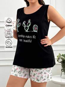 RueChic Cotton Cottnline Cactus And Slogan Graphic Pajama Set - Black - View 1