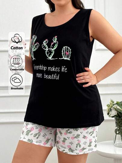 RueChic Cotton Cottnline Cactus And Slogan Graphic Pajama Set
