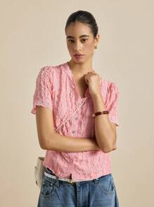 Airaco Blusa de mujer con diseño dulce y estilizador, de manga corta con ribete de encaje - Rosa - Ver 4