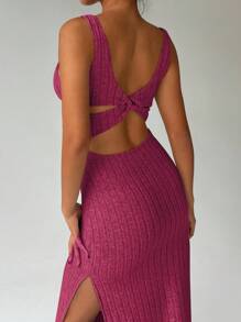 FavEase 女式纯色方领露背开衩扭腰背部设计无袖长裙女装 - 玫紅色 - 查看 2