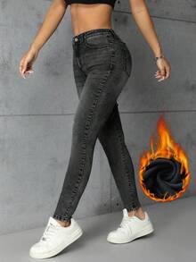 SHEIN ICON 女式口袋紧身休闲弹力牛仔裤，保暖内衬 - 灰色 - 查看 4