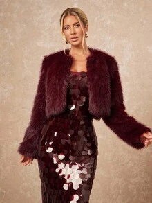Lumalex 秋冬户外仿毛皮宽松直筒无领女式外套，舒适奢华，适合舞会、聚会等场合 - 酒紅色 - 查看 4