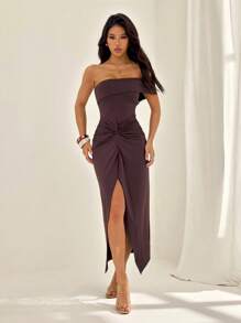 SHEIN PETITE 优雅一字肩露肩腰扭花装饰收腰显瘦高开叉小性感长款连衣裙适合秋冬 - 咖啡棕 - 查看 4