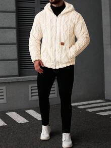 Manfinity CasualCool 男士长袖休闲纯色抓绒连帽外套，秋冬季百搭毛绒连帽羊羔绒外套 - 杏色 - 查看 5
