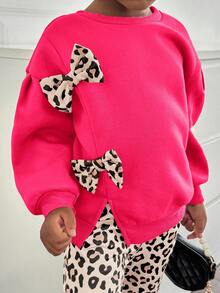 SHEIN 2pcs Young Girl Crew Neck 3D Leopard Print Bow Knit Sweater And Pants Set,Girls Cheetah Outfit For Autumn,School,Back-To-School Comfy Fall Winter - Hot Pink - View 6
