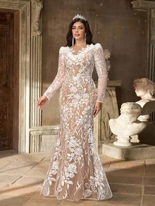 Aureia Plus Size Autumn And Winter Elegant Romantic White Sequin Embroidery Deep V Neck Leg Of Mutton Sleeves Slim Fishtail Hem Plus Tail Wedding Event Bride Beautiful Wedding Dress