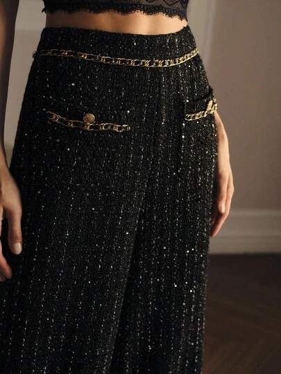 MOTF PREMIUM 粗花呢亮片链条饰边阔腿裤