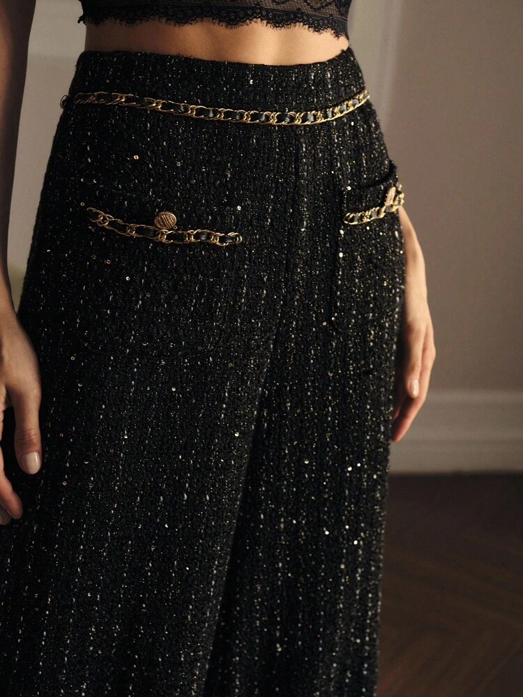 TWEED SEQUINS CHAIN TRIM WIDE LEG PANTS