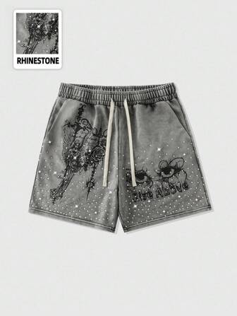 Street Life Pantaloncini larghi da uomo con stampa di lettere in strass