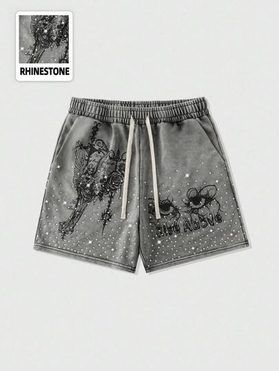 Street Life Pantaloncini larghi da uomo con stampa di lettere in strass