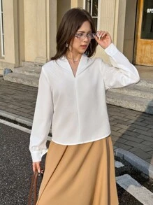 SHEIN Teen Girl Elegant Loose Fit V-Neck Long Sleeve White Blouse, Suitable For Commuting And Daily Wear - White - View 4