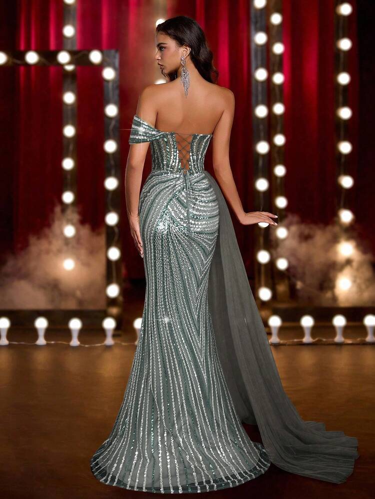 Glamrae Vestido de Cauda de Sereia Elegante e Luxuoso com Contas e Lantejoulas em Tule, com Babado Lateral, Adequado para Casamento, Festa, Baile de Formatura, Banquete (Muito Ornamentado) - Cinza - Visão 2