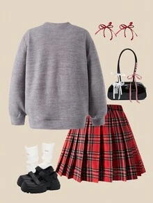 SHEIN Explorewe Tween Girls Cute Dog Print Long Sleeve Knit Sweatshirt & Vintage Pleated Mini Skirt 2-Piece Set,Grey Autumn School Back-To-School Casual Wear - Multicolor - View 2