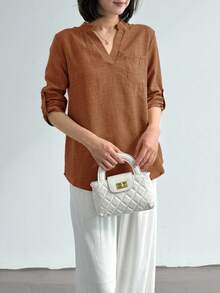 EMERY ROSE 女式春季印花缺口领 3/4 袖衬衫、工作衬衫