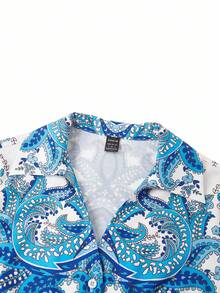 Ellevyn Women's Floral Print Shirt And Pants Two Pieces Set, Elegant And Graceful - Blue and White - View 4