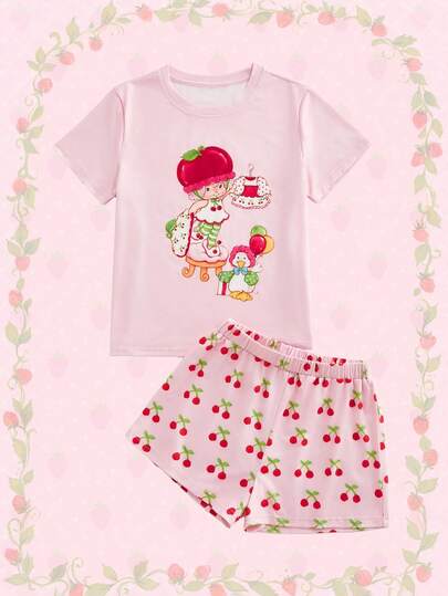 Strawberry Shortcake | ROMWE 卡通人物图案夏季休闲短袖上衣和短裤女式睡衣套装