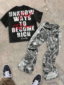 SHEIN 2 件青少年男童经典裸枝印花喇叭腿运动裤套装，适合春夏和秋冬 - 彩色 - 查看 4