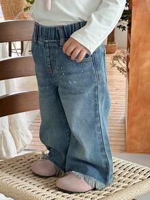 DAZY 女婴喇叭牛仔裤，休闲百搭长裤，秋冬 - 藍色 - 查看 3