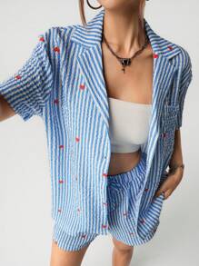 SHEIN ICON 2 件女士蓝色条纹心形印花两件套日常穿搭 - 藍色 - 查看 6