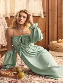 Lullawish Bohemian Sleeveless Bubble Crinkle Women's Loungewear Dress, Fall, Cozy Outfit - Green - View 5