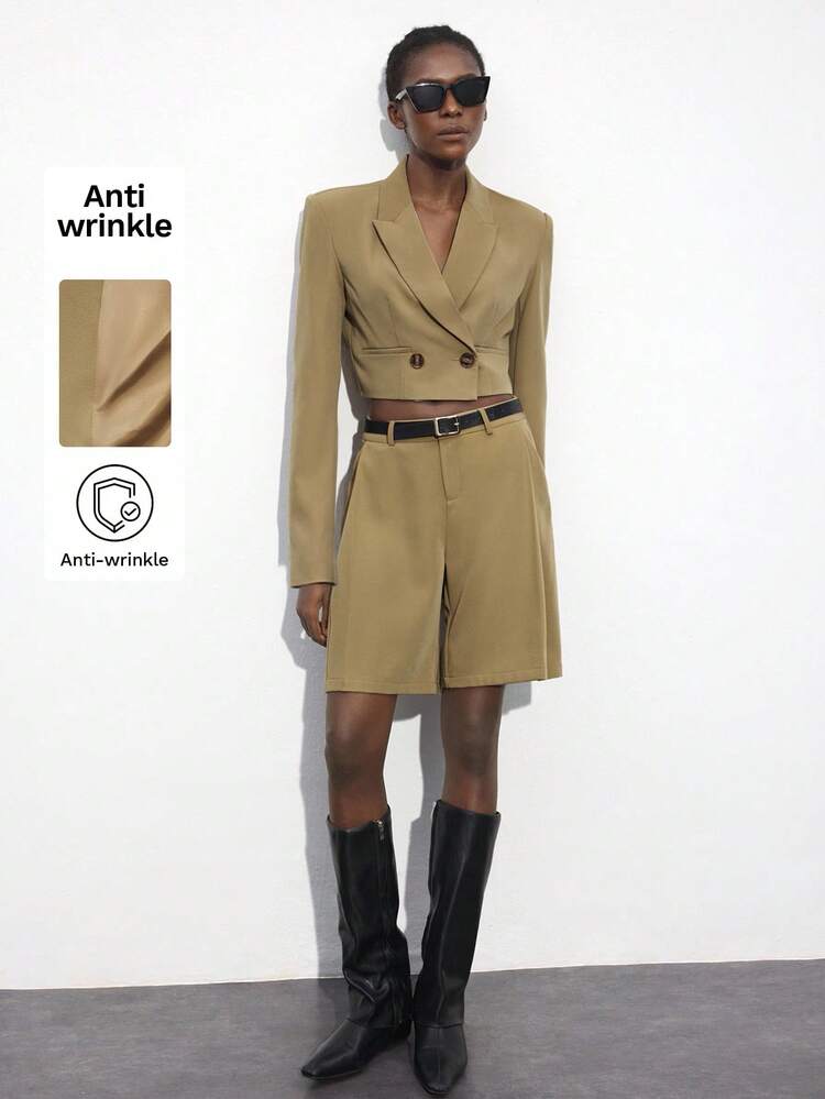 SHEIN Maija Khaki Color Double-Breasted Short Blazer, Casual Work Versatile, Autumn/Winter, Festival