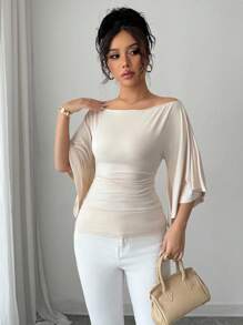 Selianne Camiseta elegante de mujer con cuello de barco y manga acampanada de punto - Albaricoque - Ver 6