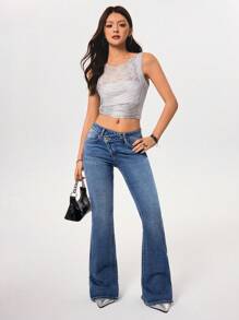 Rivivi 女式不对称腰部喇叭牛仔裤 - 藍色 - 查看 8