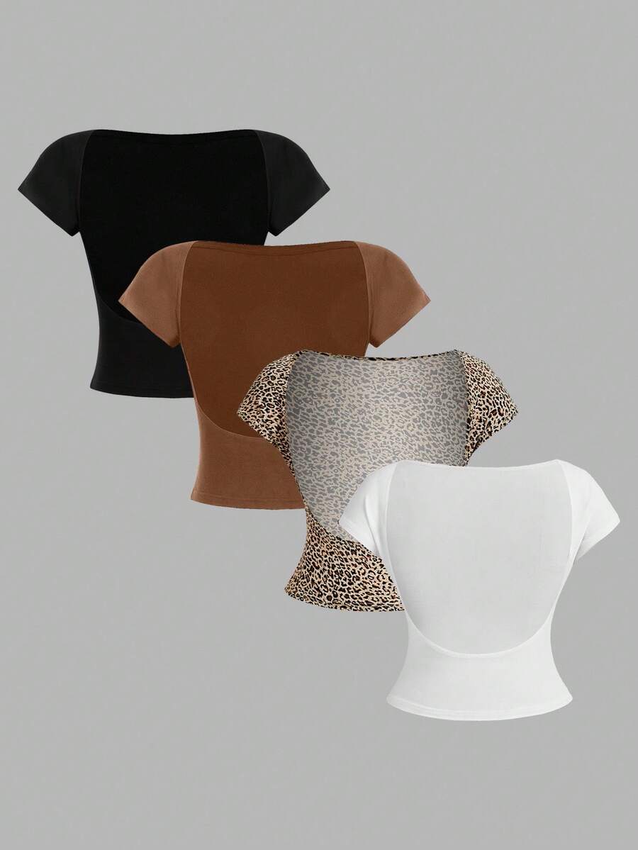 SHEIN Essnce 4入組休閒極簡圓領緊身無背女T恤，適用於夏季 - 彩色 - 查看 1