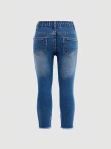 SHEIN 年轻女孩休闲磨边口袋水洗牛仔裤