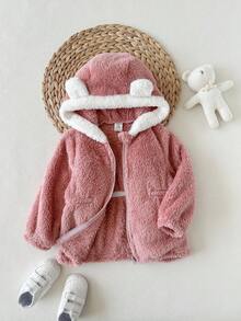 SHEIN 女婴可爱百搭粉色毛绒保暖连帽外套，秋冬季婴儿毛绒外套，婴儿毛绒外套，女婴冬季外套，女婴保暖服，幼儿毛绒外套 - 粉色 - 查看 6