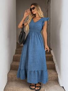 Easowa Shirred Cap Sleeve Drawstring Waist Ruffle Hem Flowy Dress, Casual Resort Wear For Women Boho - Blue - View 6