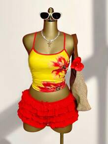 Slaydiva 2件套2025春夏新款音乐节、复活节、节日、西部、游牧风风格、适合生日、毕业典礼、休闲外出、百搭搭配、休闲、度假、邮轮旅行、海滩、日光浴、休闲、街头风花卉细肩带上衣和多层荷叶边下摆迷你裙套装 - 彩色 - 查看 1