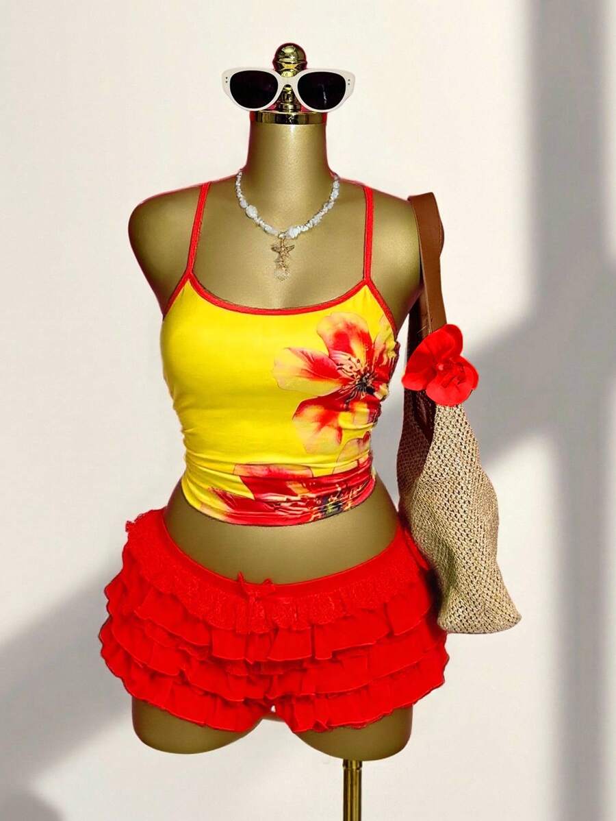 Slaydiva 2件套2025春夏新款音乐节、复活节、节日、西部、游牧风风格、适合生日、毕业典礼、休闲外出、百搭搭配、休闲、度假、邮轮旅行、海滩、日光浴、休闲、街头风花卉细肩带上衣和多层荷叶边下摆迷你裙套装 - 彩色 - 查看 1