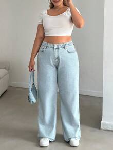 EURMUSE 100%Cotton HIGH RISE STRAIGHT CUT PLUS SZIE WOMEN JEAN - Light Wash - View 3