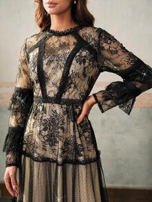 Anewsta 秋冬女士圆领蕾丝荷叶边拼接束腰喇叭下摆连衣裙 - 黑色 - 查看 4