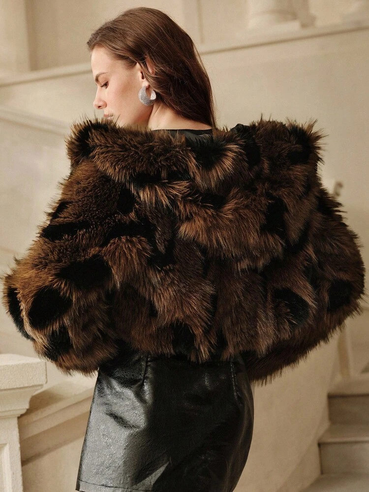 Anewsta Savoree 女性用ファッショナブルでエレガントなフェイクファー ショート フーデッド ジャケット