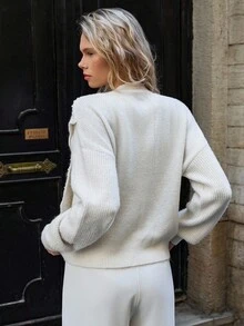 EURMUSE Cardigan à col rond en tricot torsadé avec volants et ornements de perles - Nude - Voir 7