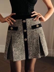 MOTF PREMIUM TWEED HERRINGBONE PRINT CONTRAST TRIM FOLD PLEATED SKIRT FOR AUTUMN & WINTER