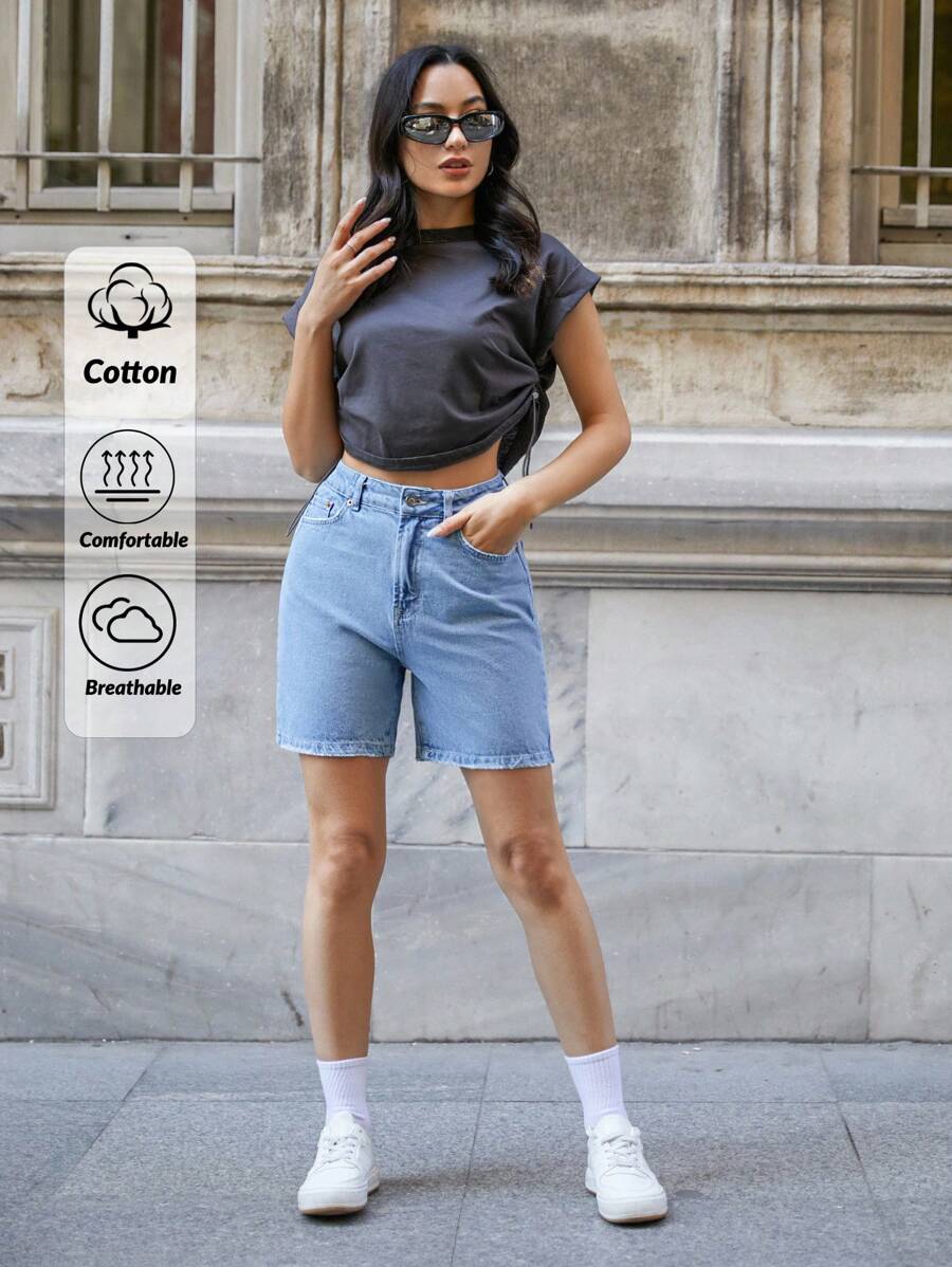 SHEIN Cottnline 100%Cotton MID WAIST MIDDLE LENGHT SHORT - Light Wash - View 1