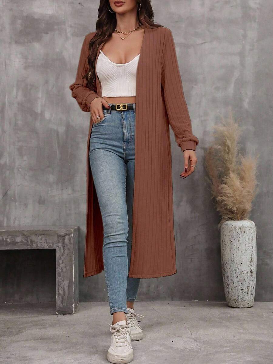 EMERY ROSE Áo khoác nữ tay dài màu trơn, dáng rộng, hở trước, dáng thường ngày - màu nâu - Xem 1