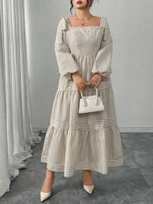 Modelyn Plus Size Women Elegant Waist Cinched Striped Long Sleeve Dress Fall Cloth For Women - Khaki - View 4